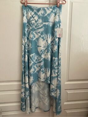 NWT Lularoe Medium Olivia skirt slinky turquoise white tie-dye high-low hemline